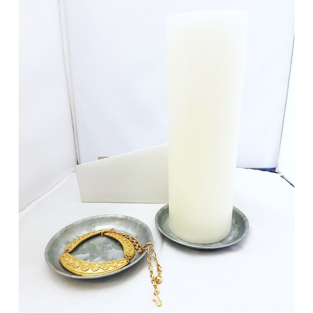 Pillar Candle Holder Dish 2 Pack Silver Tone Hammered Brutalist Minimalist Boho